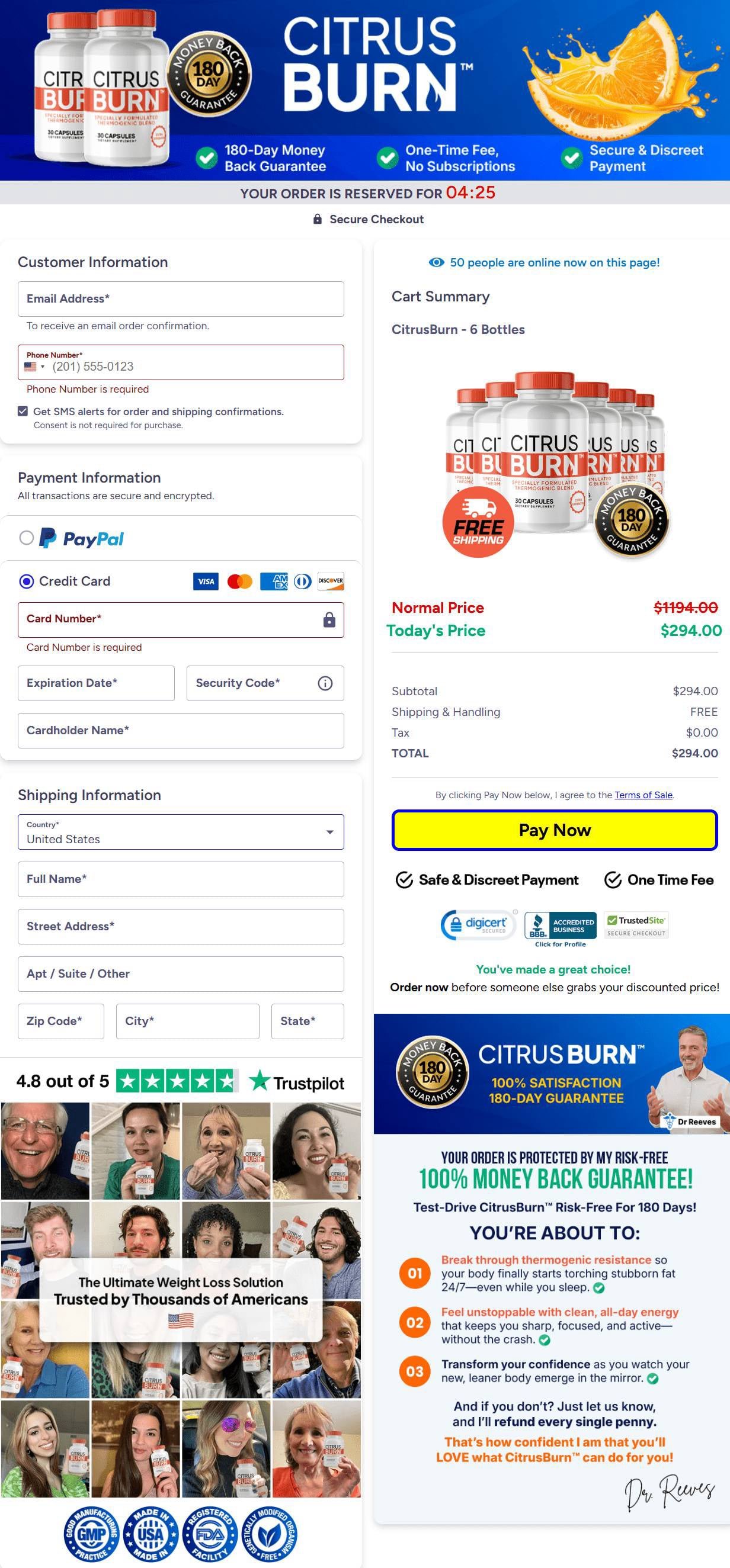 Screenshot of CitrusBurn secure checkout page showing safe online order process